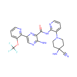 N#CC1(N)CCN(c2cccnc2NC(=O)c2nc(-c3ncccc3OC(F)(F)F)cnc2N)CC1 ZINC001772621693