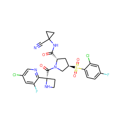 N#CC1(NC(=O)[C@@H]2C[C@@H](S(=O)(=O)c3ccc(F)cc3Cl)CN2C(=O)[C@]2(c3ncc(Cl)cc3F)CCN2)CC1 ZINC000149360655