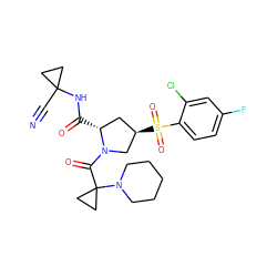 N#CC1(NC(=O)[C@@H]2C[C@@H](S(=O)(=O)c3ccc(F)cc3Cl)CN2C(=O)C2(N3CCCCC3)CC2)CC1 ZINC000169705352