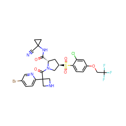 N#CC1(NC(=O)[C@@H]2C[C@@H](S(=O)(=O)c3ccc(OCC(F)(F)F)cc3Cl)CN2C(=O)C2(c3ccc(Br)cn3)CNC2)CC1 ZINC000169705916