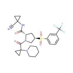 N#CC1(NC(=O)[C@@H]2C[C@@H](S(=O)(=O)c3cccc(C(F)(F)F)c3)CN2C(=O)C2(N3CCCCC3)CC2)CC1 ZINC000169705356