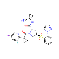 N#CC1(NC(=O)[C@@H]2C[C@@H](S(=O)(=O)c3ccccc3-n3cccn3)CN2C(=O)C2(c3ncc(I)cc3F)CC2)CC1 ZINC000219397315