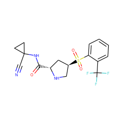 N#CC1(NC(=O)[C@@H]2C[C@@H](S(=O)(=O)c3ccccc3C(F)(F)F)CN2)CC1 ZINC000103242361