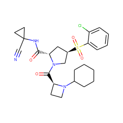 N#CC1(NC(=O)[C@@H]2C[C@@H](S(=O)(=O)c3ccccc3Cl)CN2C(=O)[C@@H]2CCN2C2CCCCC2)CC1 ZINC000169705284