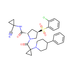 N#CC1(NC(=O)[C@@H]2C[C@@H](S(=O)(=O)c3ccccc3Cl)CN2C(=O)C2(N3CCC(c4ccccc4)CC3)CC2)CC1 ZINC000169705346