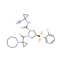 N#CC1(NC(=O)[C@@H]2C[C@@H](S(=O)(=O)c3ccccc3Cl)CN2C(=O)C2(N3CCCCCC3)CC2)CC1 ZINC000169705349