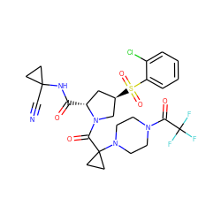 N#CC1(NC(=O)[C@@H]2C[C@@H](S(=O)(=O)c3ccccc3Cl)CN2C(=O)C2(N3CCN(C(=O)C(F)(F)F)CC3)CC2)CC1 ZINC000169705344