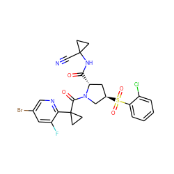 N#CC1(NC(=O)[C@@H]2C[C@@H](S(=O)(=O)c3ccccc3Cl)CN2C(=O)C2(c3ncc(Br)cc3F)CC2)CC1 ZINC000145918944