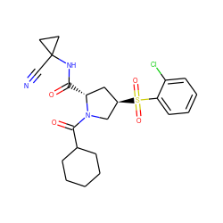 N#CC1(NC(=O)[C@@H]2C[C@@H](S(=O)(=O)c3ccccc3Cl)CN2C(=O)C2CCCCC2)CC1 ZINC000103242368