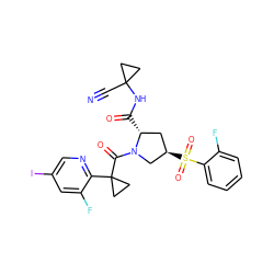 N#CC1(NC(=O)[C@@H]2C[C@@H](S(=O)(=O)c3ccccc3F)CN2C(=O)C2(c3ncc(I)cc3F)CC2)CC1 ZINC000211029408