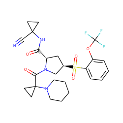 N#CC1(NC(=O)[C@@H]2C[C@@H](S(=O)(=O)c3ccccc3OC(F)(F)F)CN2C(=O)C2(N3CCCCC3)CC2)CC1 ZINC000169705355