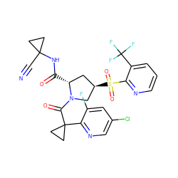 N#CC1(NC(=O)[C@@H]2C[C@@H](S(=O)(=O)c3ncccc3C(F)(F)F)CN2C(=O)C2(c3ncc(Cl)cc3F)CC2)CC1 ZINC000145743505