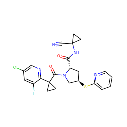 N#CC1(NC(=O)[C@@H]2C[C@@H](Sc3ccccn3)CN2C(=O)C2(c3ncc(Cl)cc3F)CC2)CC1 ZINC000211080656