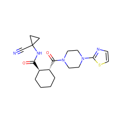 N#CC1(NC(=O)[C@@H]2CCCC[C@H]2C(=O)N2CCN(c3nccs3)CC2)CC1 ZINC000084711272