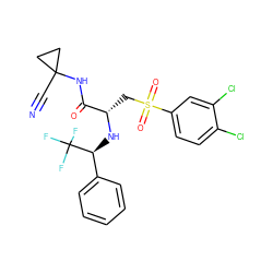 N#CC1(NC(=O)[C@H](CS(=O)(=O)c2ccc(Cl)c(Cl)c2)N[C@@H](c2ccccc2)C(F)(F)F)CC1 ZINC000014971193