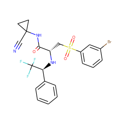 N#CC1(NC(=O)[C@H](CS(=O)(=O)c2cccc(Br)c2)N[C@@H](c2ccccc2)C(F)(F)F)CC1 ZINC000014971181