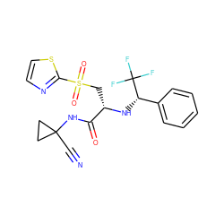 N#CC1(NC(=O)[C@H](CS(=O)(=O)c2nccs2)N[C@@H](c2ccccc2)C(F)(F)F)CC1 ZINC000014971185