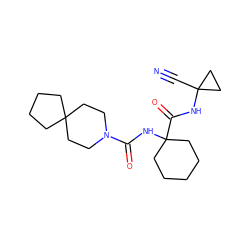 N#CC1(NC(=O)C2(NC(=O)N3CCC4(CCCC4)CC3)CCCCC2)CC1 ZINC000113632247