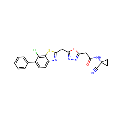 N#CC1(NC(=O)Cc2nnc(Cc3nc4ccc(-c5ccccc5)c(Cl)c4s3)o2)CC1 ZINC000147532753