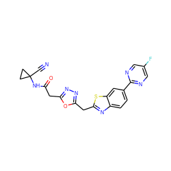 N#CC1(NC(=O)Cc2nnc(Cc3nc4ccc(-c5ncc(F)cn5)cc4s3)o2)CC1 ZINC000147410818