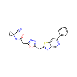 N#CC1(NC(=O)Cc2nnc(Cc3nc4cnc(-c5ccccc5)cc4s3)o2)CC1 ZINC000149924267