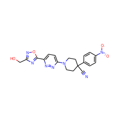 N#CC1(c2ccc([N+](=O)[O-])cc2)CCN(c2ccc(-c3nc(CO)no3)nn2)CC1 ZINC001772633350