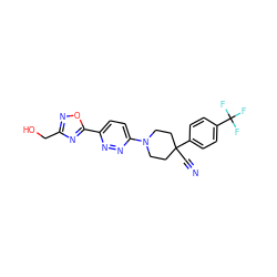 N#CC1(c2ccc(C(F)(F)F)cc2)CCN(c2ccc(-c3nc(CO)no3)nn2)CC1 ZINC001772605747