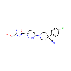 N#CC1(c2ccc(Cl)cc2)CCN(c2ccc(-c3nc(CO)no3)nn2)CC1 ZINC001772577413