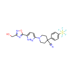 N#CC1(c2ccc(S(F)(F)(F)(F)F)cc2)CCN(c2ccc(-c3nc(CO)no3)nn2)CC1 ZINC001772642683