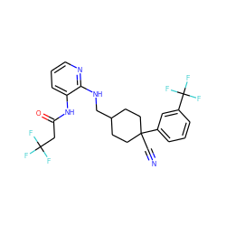 N#CC1(c2cccc(C(F)(F)F)c2)CCC(CNc2ncccc2NC(=O)CC(F)(F)F)CC1 ZINC000028818995