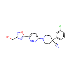 N#CC1(c2cccc(Cl)c2)CCN(c2ccc(-c3nc(CO)no3)nn2)CC1 ZINC001772614072