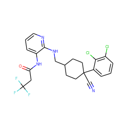 N#CC1(c2cccc(Cl)c2Cl)CCC(CNc2ncccc2NC(=O)CC(F)(F)F)CC1 ZINC000028819003