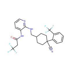 N#CC1(c2ccccc2C(F)(F)F)CCC(CNc2ncccc2NC(=O)CC(F)(F)F)CC1 ZINC000028819020