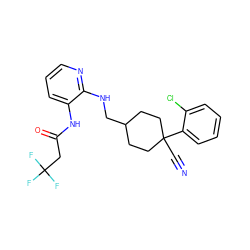 N#CC1(c2ccccc2Cl)CCC(CNc2ncccc2NC(=O)CC(F)(F)F)CC1 ZINC000028819011