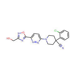 N#CC1(c2ccccc2Cl)CCN(c2ccc(-c3nc(CO)no3)nn2)CC1 ZINC001772610199