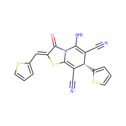 N#CC1=C(N)n2c(s/c(=C\c3cccs3)c2=O)=C(C#N)[C@H]1c1cccs1 ZINC000002350605