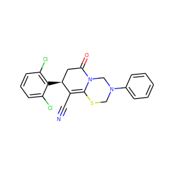 N#CC1=C2SCN(c3ccccc3)CN2C(=O)C[C@@H]1c1c(Cl)cccc1Cl ZINC000006577097