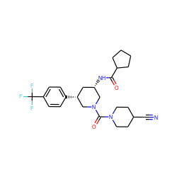 N#CC1CCN(C(=O)N2C[C@@H](NC(=O)C3CCCC3)C[C@@H](c3ccc(C(F)(F)F)cc3)C2)CC1 ZINC000114338500