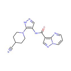 N#CC1CCN(c2[nH]ncc2NC(=O)c2cnn3cccnc23)CC1 ZINC000145150121