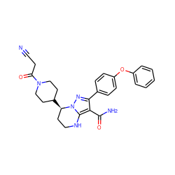 N#CCC(=O)N1CCC([C@@H]2CCNc3c(C(N)=O)c(-c4ccc(Oc5ccccc5)cc4)nn32)CC1 ZINC001772629783