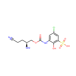 N#CCC[C@H](N)COC(=O)Nc1cc(Cl)cc(S(=O)(=O)O)c1O ZINC000149298979