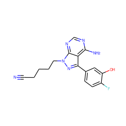 N#CCCCCn1nc(-c2ccc(F)c(O)c2)c2c(N)ncnc21 ZINC000008581913