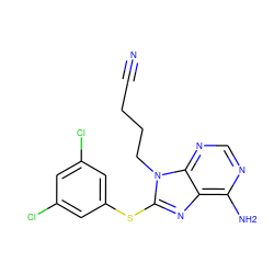 N#CCCCn1c(Sc2cc(Cl)cc(Cl)c2)nc2c(N)ncnc21 ZINC000299864798