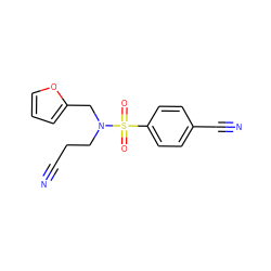 N#CCCN(Cc1ccco1)S(=O)(=O)c1ccc(C#N)cc1 ZINC000060949239