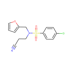 N#CCCN(Cc1ccco1)S(=O)(=O)c1ccc(Cl)cc1 ZINC000004364032