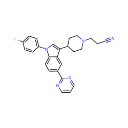 N#CCCN1CCC(c2cn(-c3ccc(F)cc3)c3ccc(-c4ncccn4)cc23)CC1 ZINC000013493022