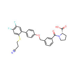 N#CCCSc1cc(F)c(F)cc1-c1ccc(OCc2cccc(C(=O)N3CCC[C@H]3C(=O)O)c2)cc1 ZINC000224589043