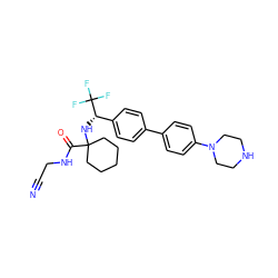 N#CCNC(=O)C1(N[C@@H](c2ccc(-c3ccc(N4CCNCC4)cc3)cc2)C(F)(F)F)CCCCC1 ZINC000028525738