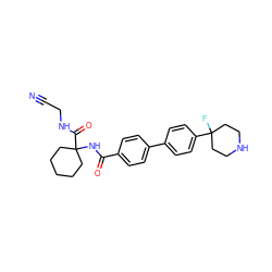 N#CCNC(=O)C1(NC(=O)c2ccc(-c3ccc(C4(F)CCNCC4)cc3)cc2)CCCCC1 ZINC000013676350