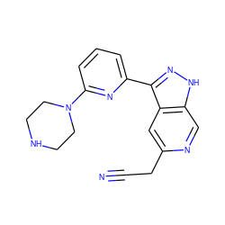 N#CCc1cc2c(-c3cccc(N4CCNCC4)n3)n[nH]c2cn1 ZINC000205255348